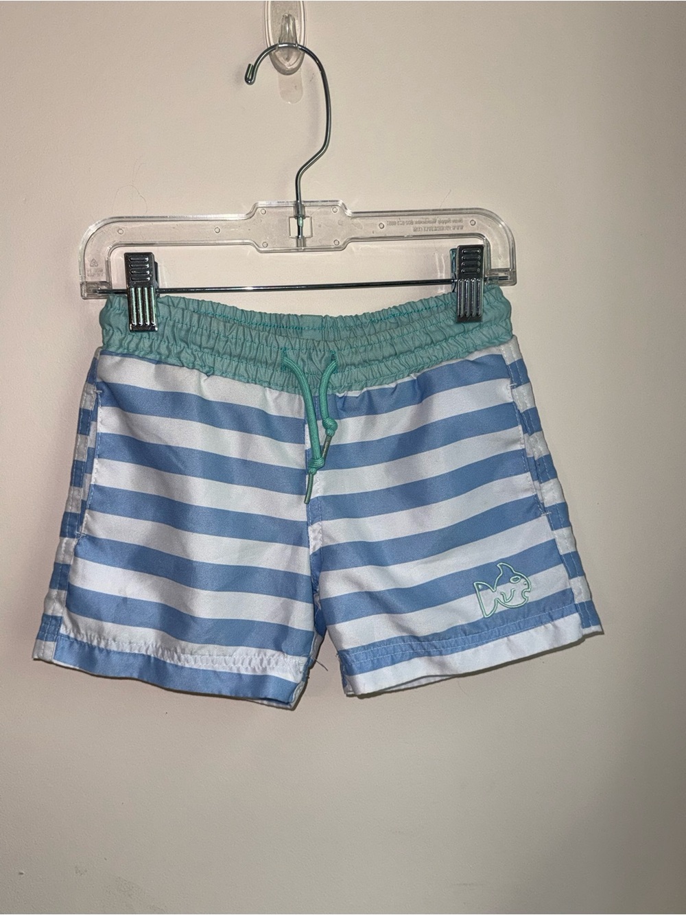 Striped Blue & White Kids Swim Trunks with Mint Waistband